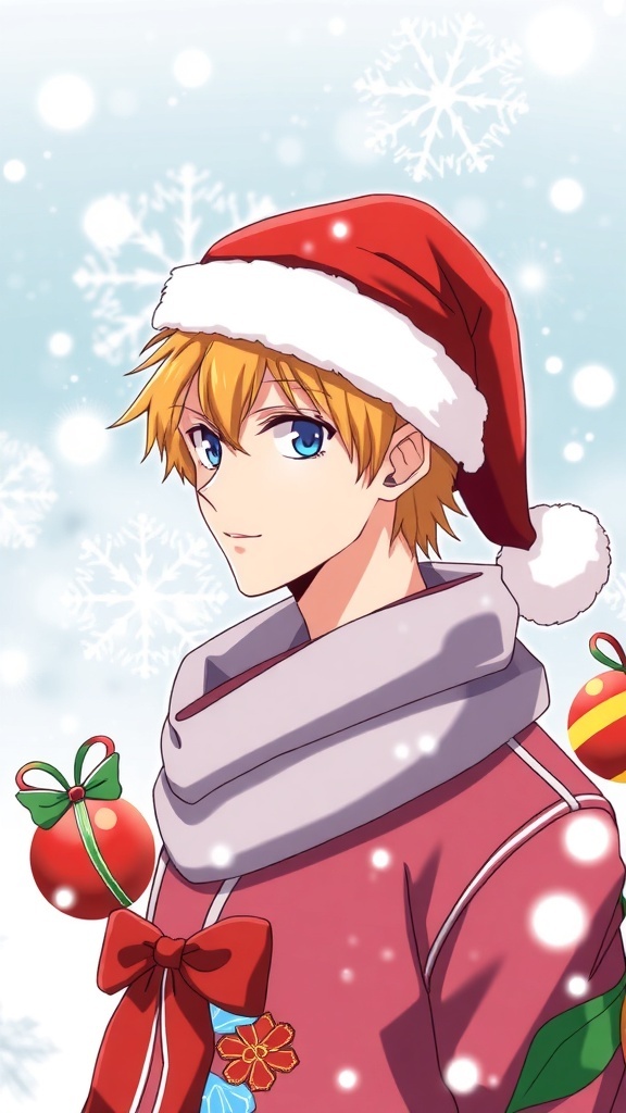 Christmas Themed Ichigo PFP Ichigo Kurosaki in a Santa hat with Christmas decorations in a winter setting.